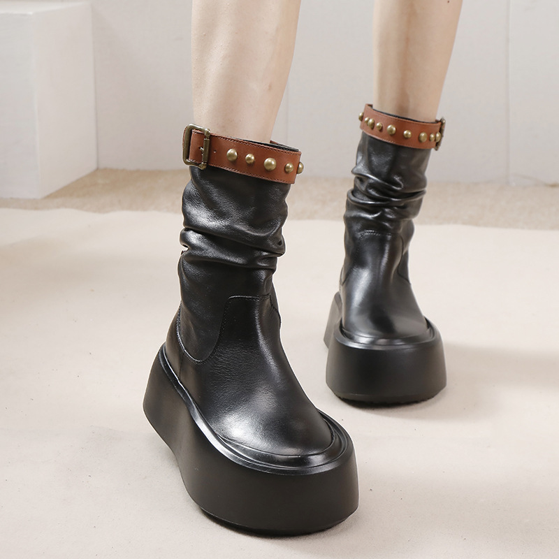 Vintage British Leather Mid-Calf Ankle Boot with Studs 02
