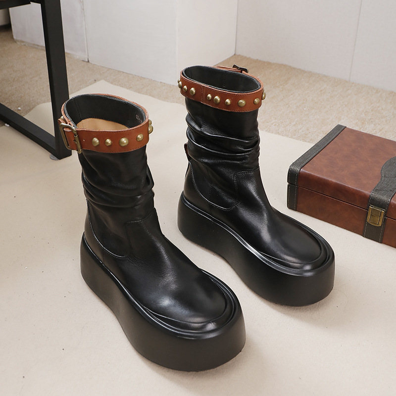 Vintage British Leather Mid-Calf Ankle Boot with Studs