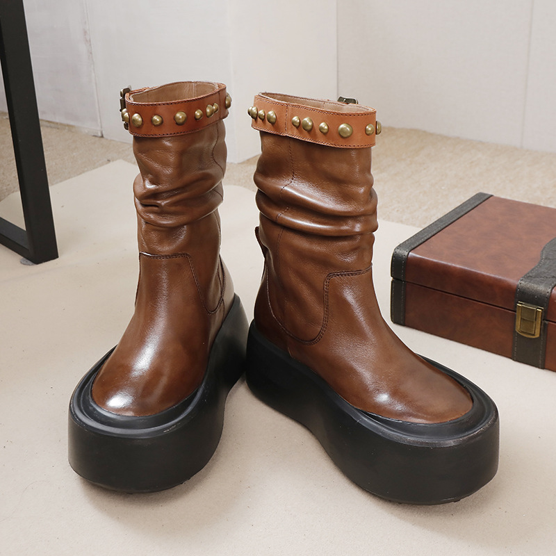 Vintage British Leather Mid-Calf Ankle Boot with Studs