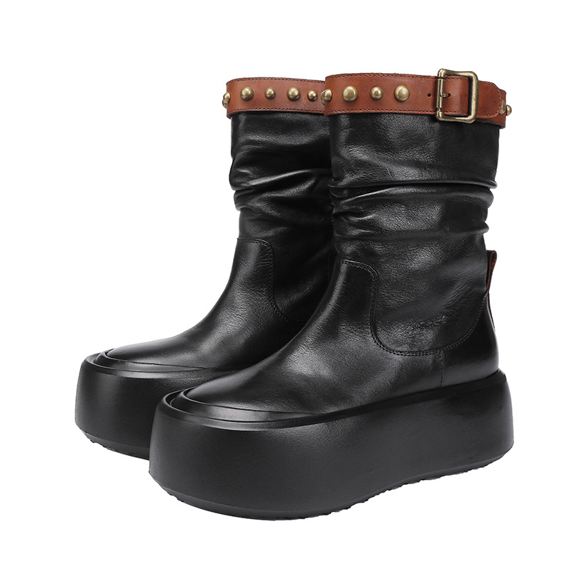 Vintage British Leather Mid-Calf Ankle Boot with Studs
