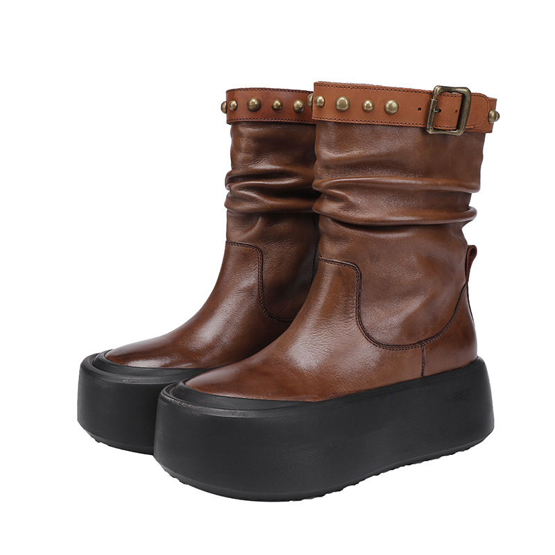 Vintage British Leather Mid-Calf Ankle Boot with Studs