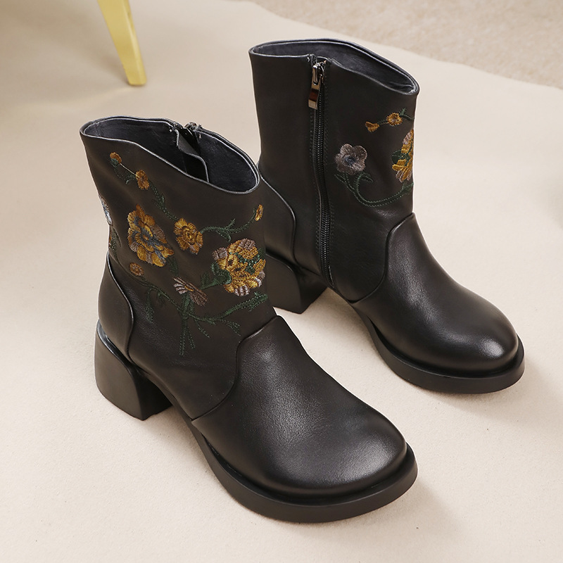 Embroidered Ethnic Handmade Vintage Soft Cowhide Wide-Cuff Ankle Boot