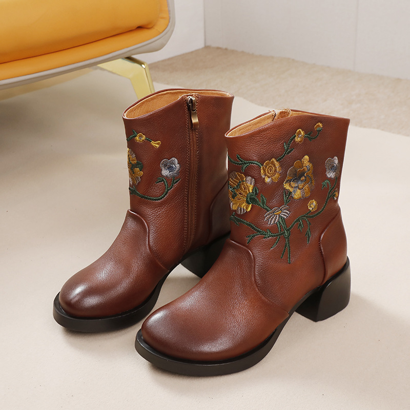 Embroidered Ethnic Handmade Vintage Soft Cowhide Wide-Cuff Ankle Boot