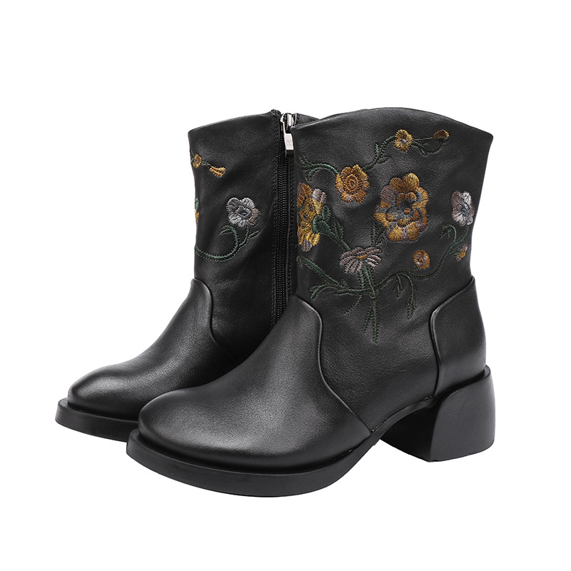 Embroidered Ethnic Handmade Vintage Soft Cowhide Wide-Cuff Ankle Boot