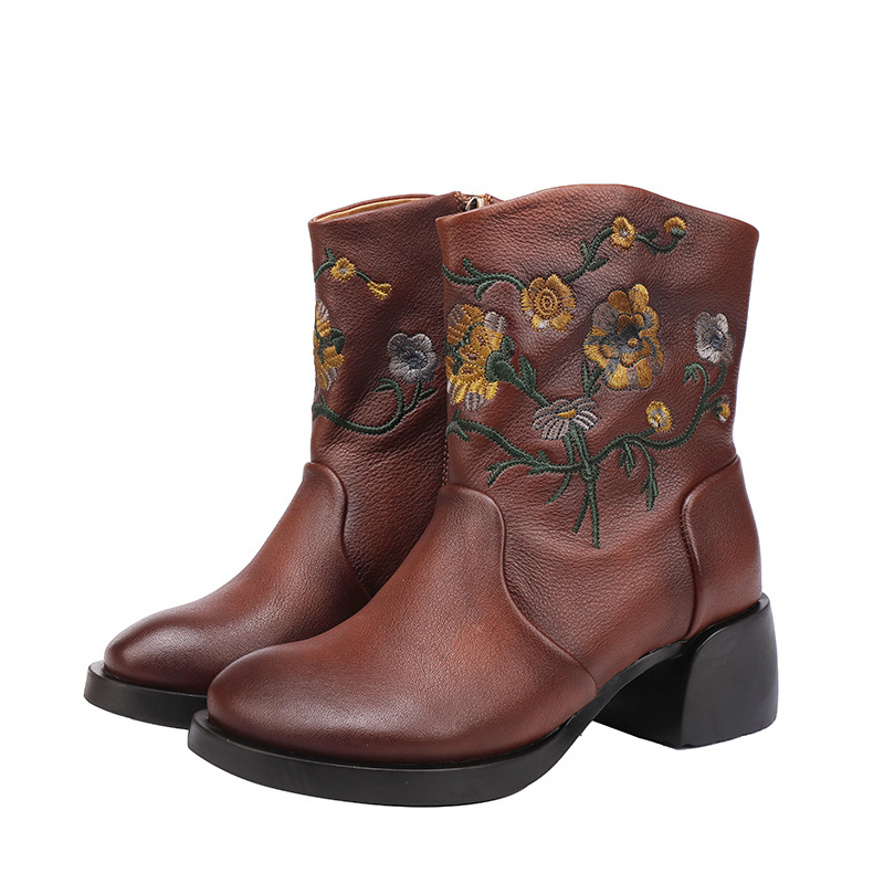 Embroidered Ethnic Handmade Vintage Soft Cowhide Wide-Cuff Ankle Boot