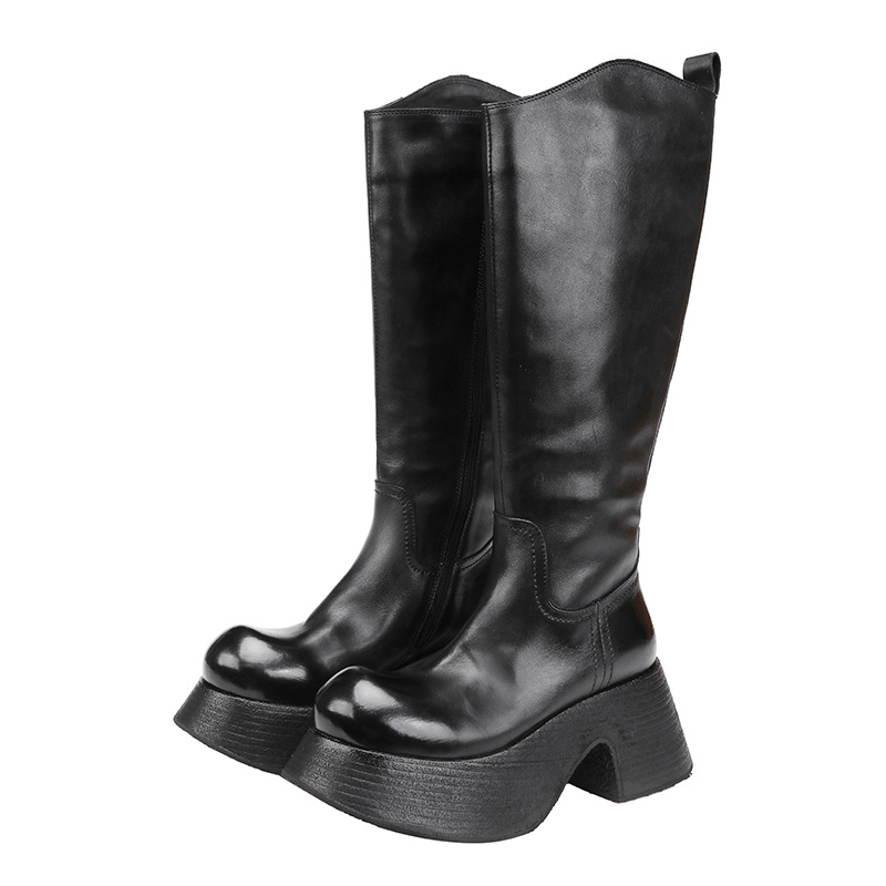 Washed Leather Knee-High Chunky Heel Boots