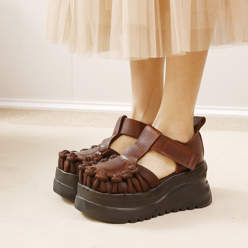 Genuine Leather Platform Sandals - T-Strap Hollow Toe Comfort Shoes
