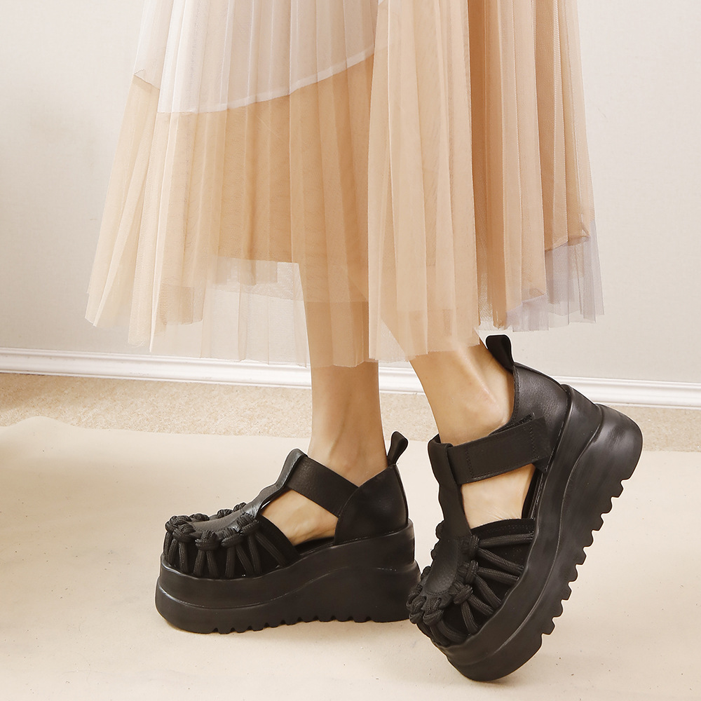 Genuine Leather Platform Sandals - T-Strap Hollow Toe Comfort Shoes