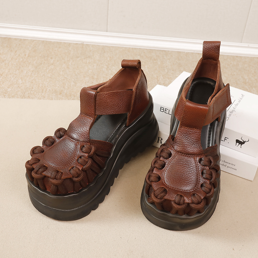 Genuine Leather Platform Sandals - T-Strap Hollow Toe Comfort Shoes