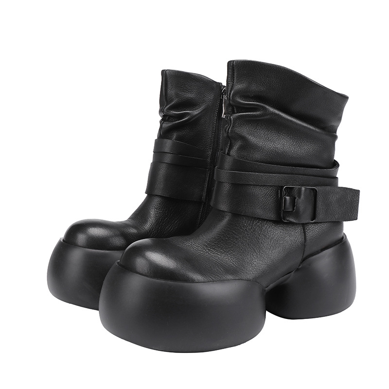 Handmade Retro Chunky Heel Waterproof Platform Leather Stacking Boots