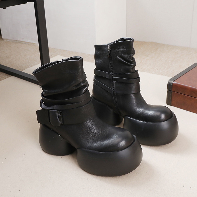 Handmade Retro Chunky Heel Waterproof Platform Leather Stacking Boots
