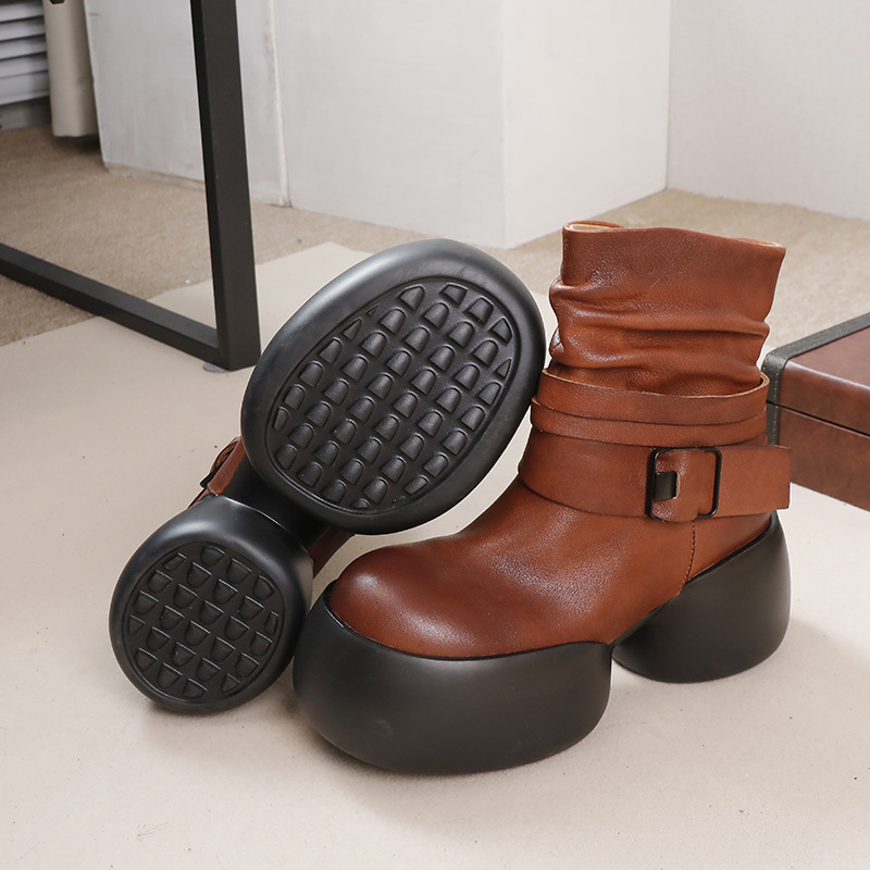 Handmade Retro Chunky Heel Waterproof Platform Leather Stacking Boots