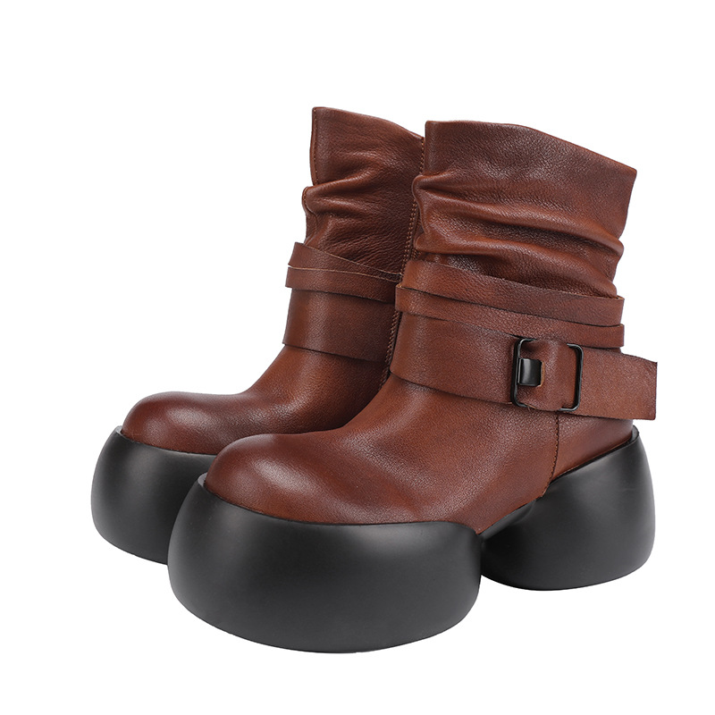 Handmade Retro Chunky Heel Waterproof Platform Leather Stacking Boots