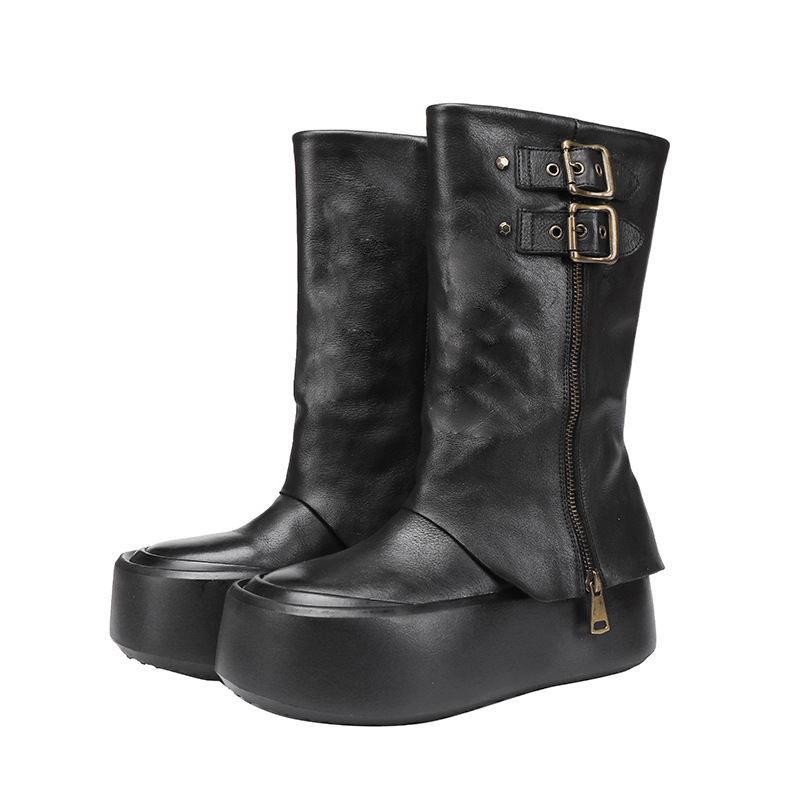 Premium Top-Grain Leather Chunky Heel Knee-High Boots