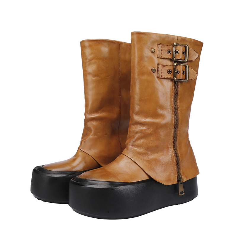 Premium Top-Grain Leather Chunky Heel Knee-High Boots
