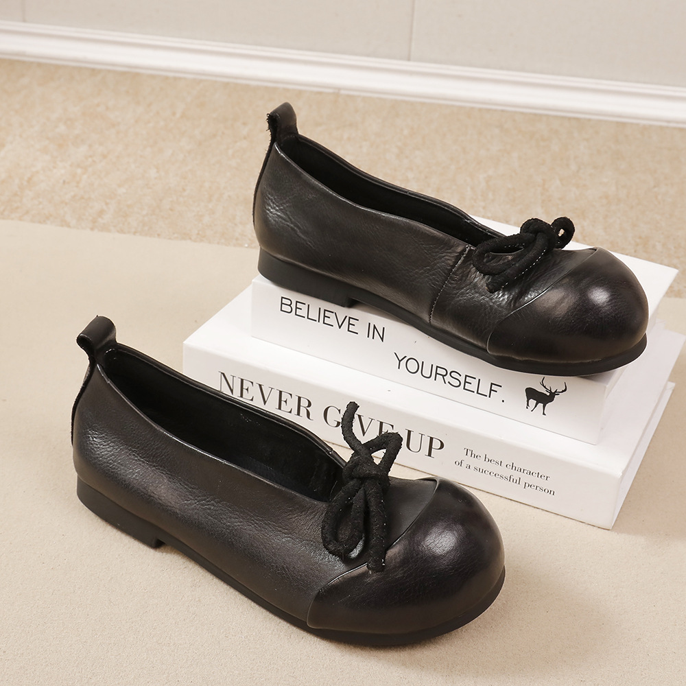 Red Bow Ballet Flats - Soft Leather Boho Shoes