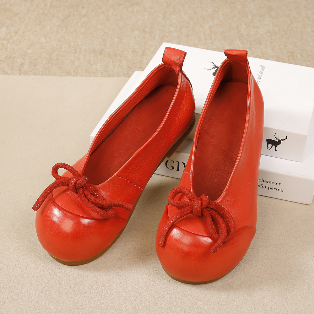 Red Bow Ballet Flats - Soft Leather Boho Shoes