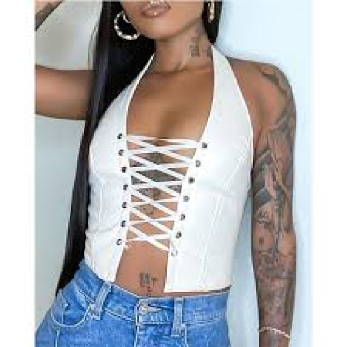 Hanging Neck Sexy Backless Lace Up Short PU Vest - Fashionable and Alluring Top for Women review Jessica Brown